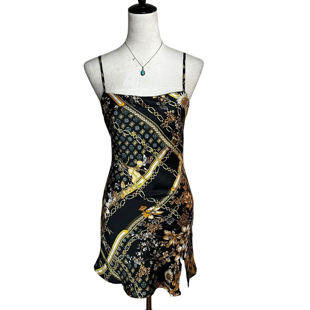 Princess Polly Chain & Floral Satin Lucci Slip Mini Dress 2 Clubwear Square Neck